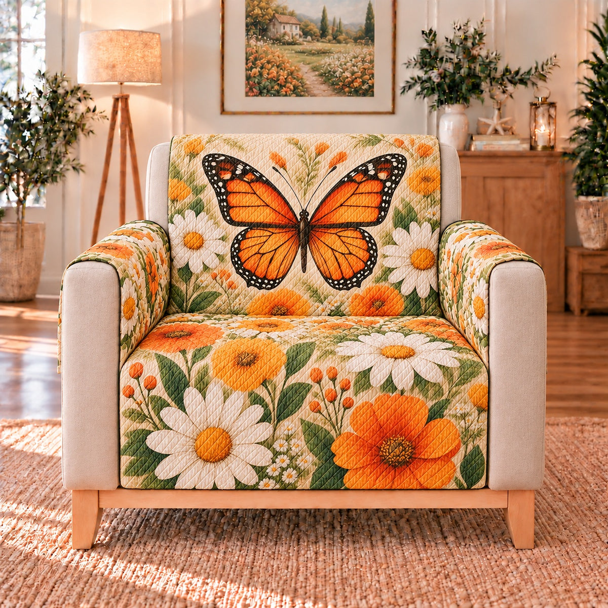 Monarch Butterfly and Daisy Sofa Cover, single-seat armchair view