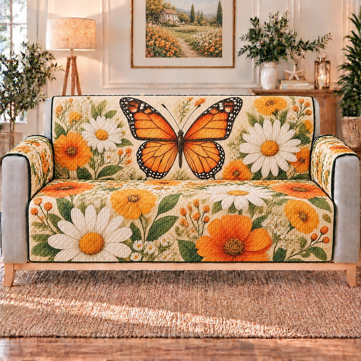 Monarch Butterfly and Daisy Sofa Cover, long sofa view