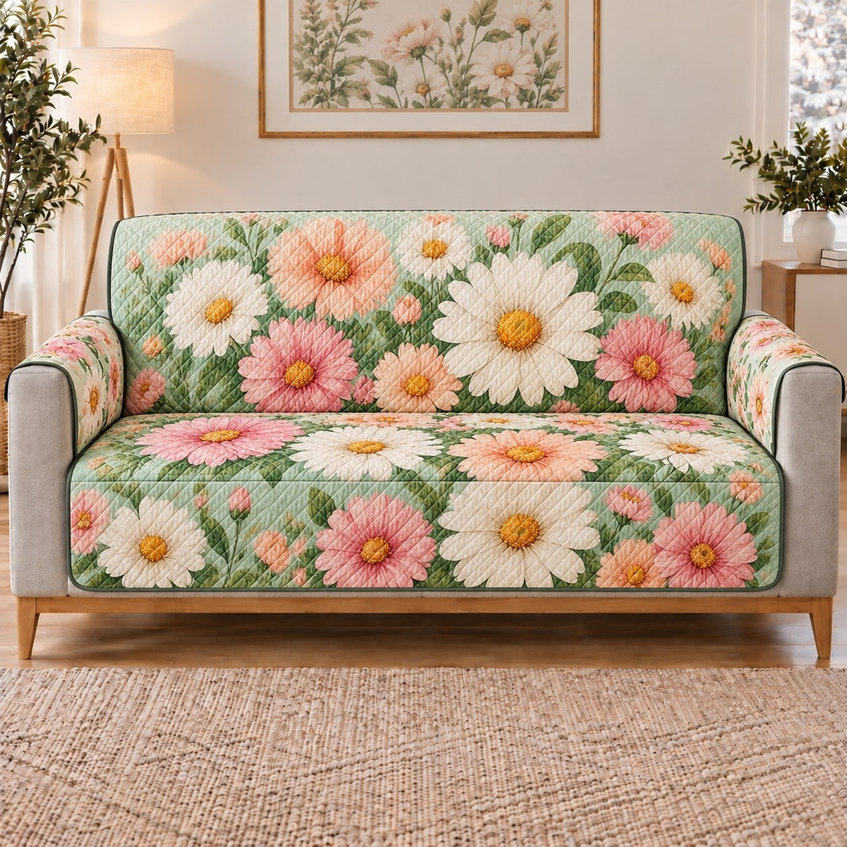 Pastel Daisy Garden Sofa Cover, long sofa view