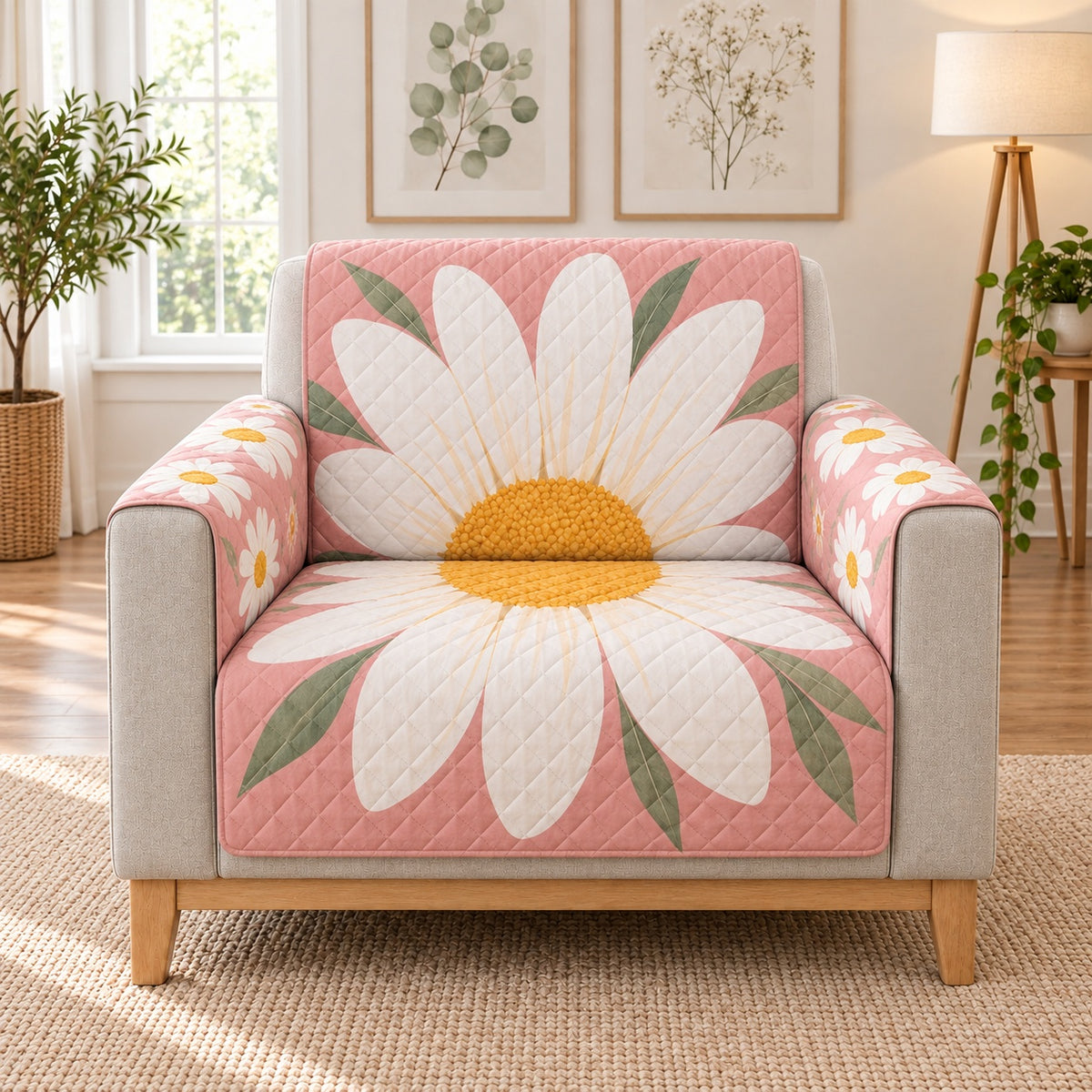 White Daisy on Pink Sofa Cover, single-seat armchair view