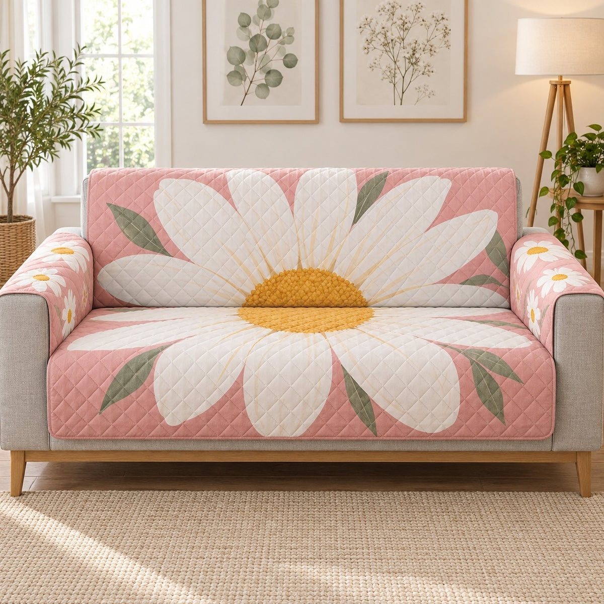 White Daisy on Pink Sofa Cover, long sofa view