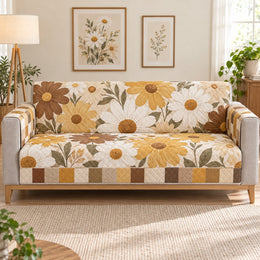 Warm Neutral Daisy Sofa Cover, Cozy Botanical Home Decor, Gift for Flower Lovers