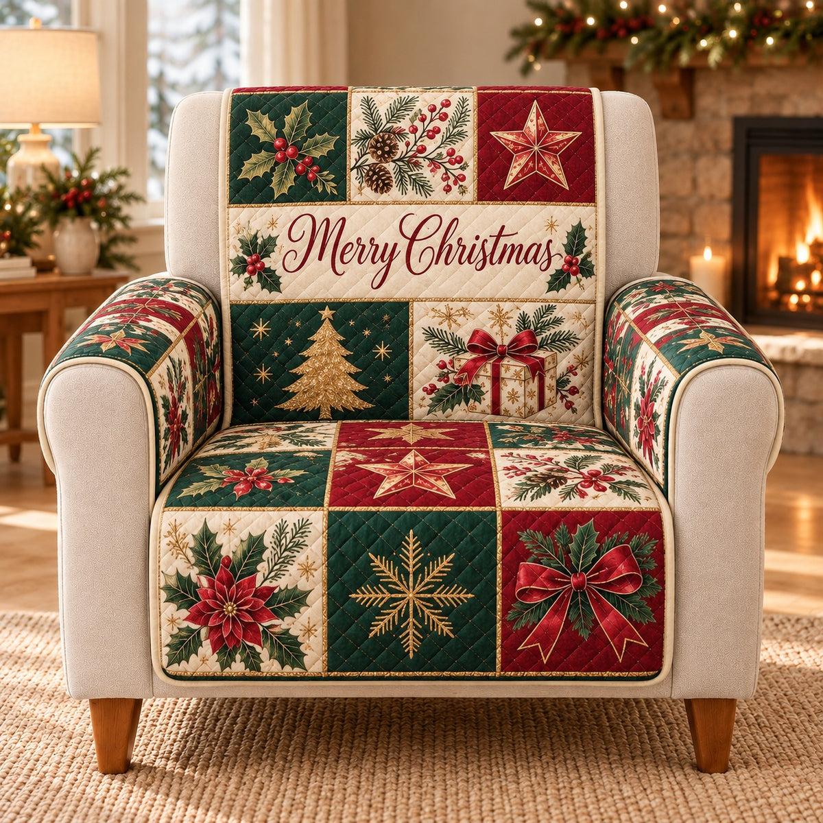 Merry Christmas Holly Patchwork Sofa Cover, single-seat armchair view