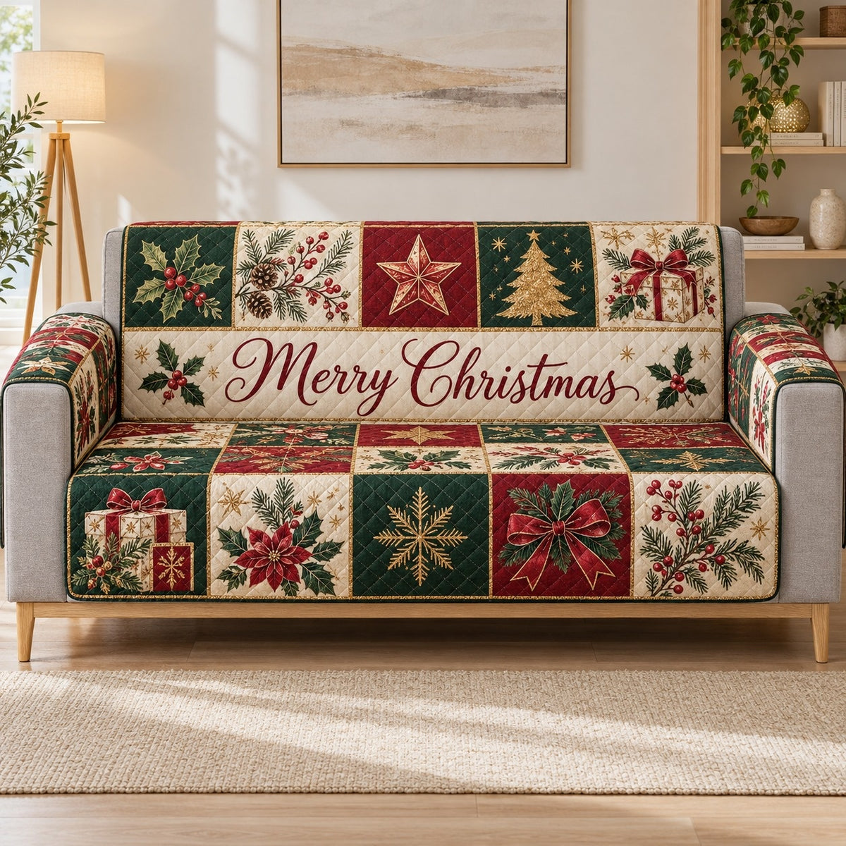 Merry Christmas Holly Patchwork Sofa Cover, sofa view