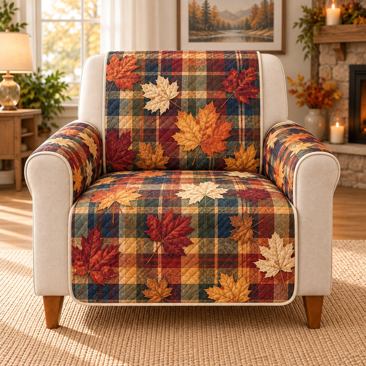 Autumn Maple Leaf Plaid Sofa Cover, single-seat armchair view