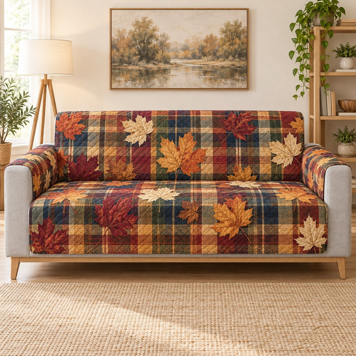 Autumn Maple Leaf Plaid Sofa Cover, sofa view