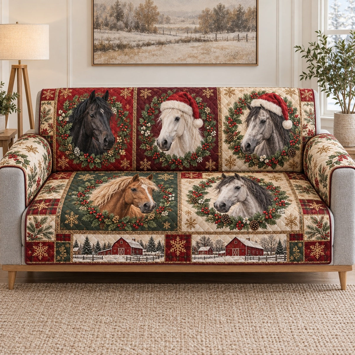 Christmas Horse Patchwork Sofa Cover, sofa view