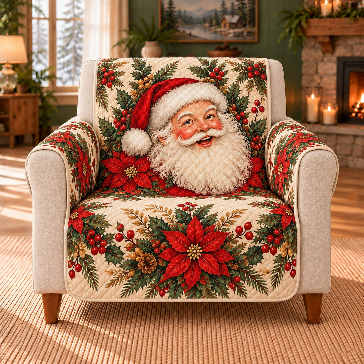 Santa Claus Poinsettia Sofa Cover, single-seat armchair view