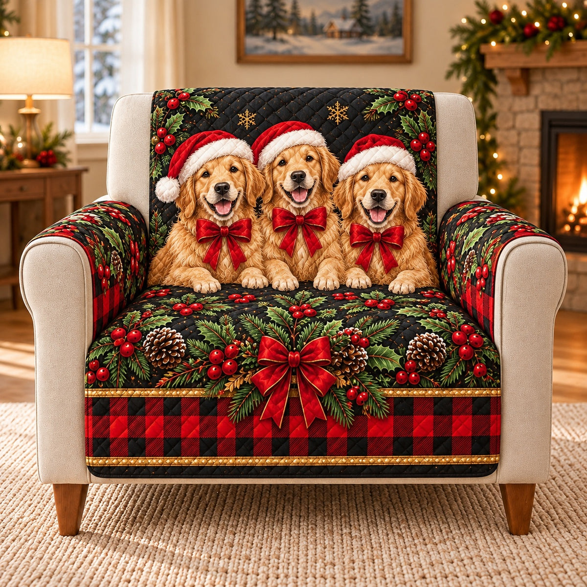 Christmas Golden Retriever Sofa Cover, single-seat armchair view