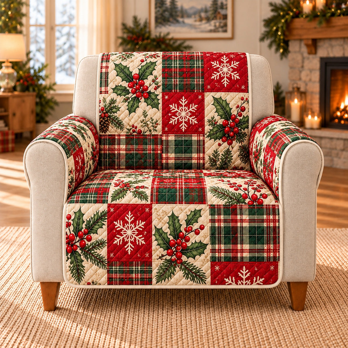 Christmas Tartan Patchwork Sofa Cover, single-seat armchair view