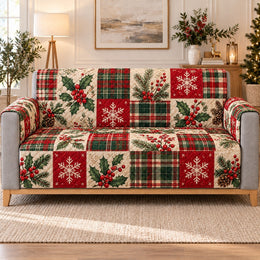 Christmas Tartan Patchwork Sofa Cover, Holly Snowflake Home Decor, Gift for Holiday Lovers