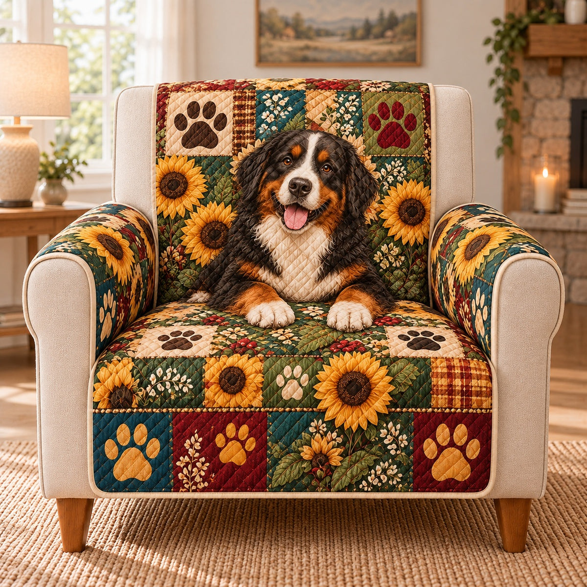 Bernese Mountain Dog Sunflower Sofa Cover, single-seat armchair view