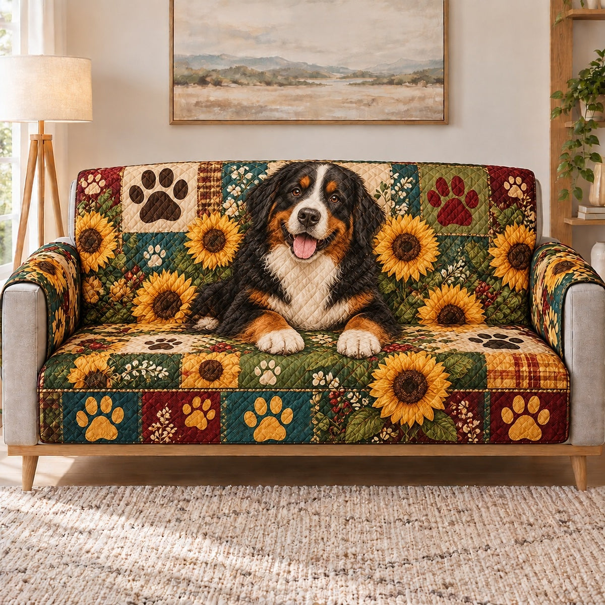 Bernese Mountain Dog Sunflower Sofa Cover, sofa view