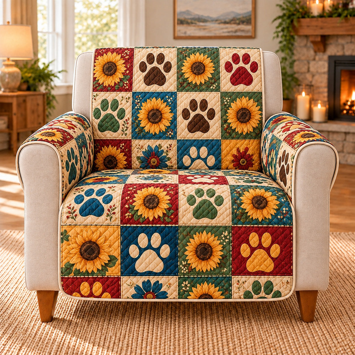 Sunflower Paw Print Patchwork Sofa Cover, single-seat armchair view