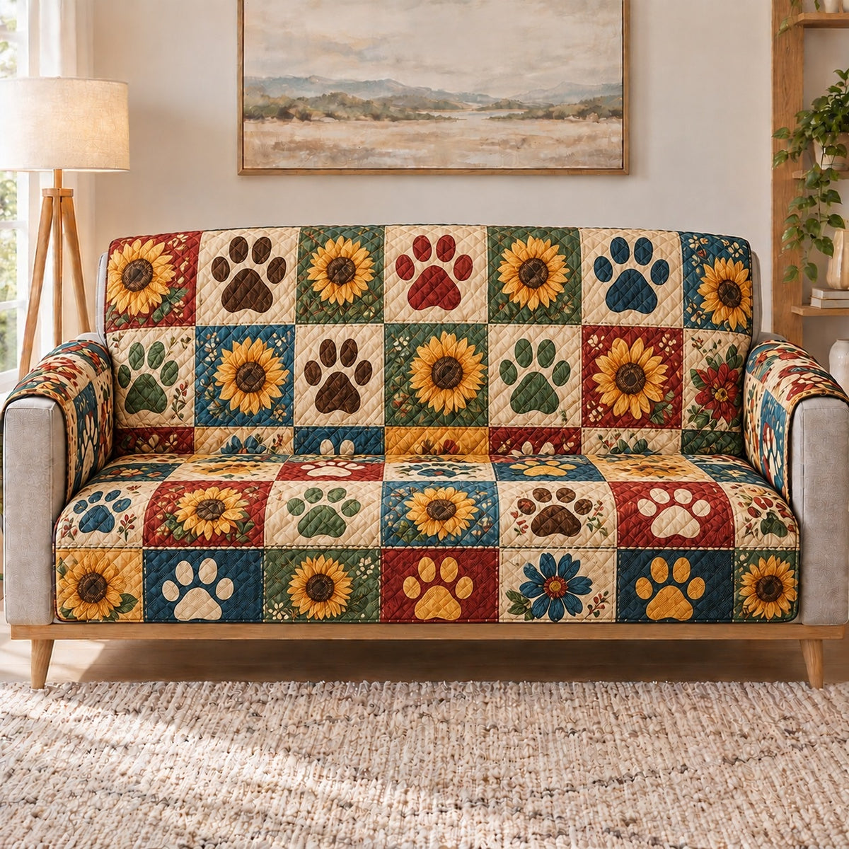 Sunflower Paw Print Patchwork Sofa Cover, sofa view
