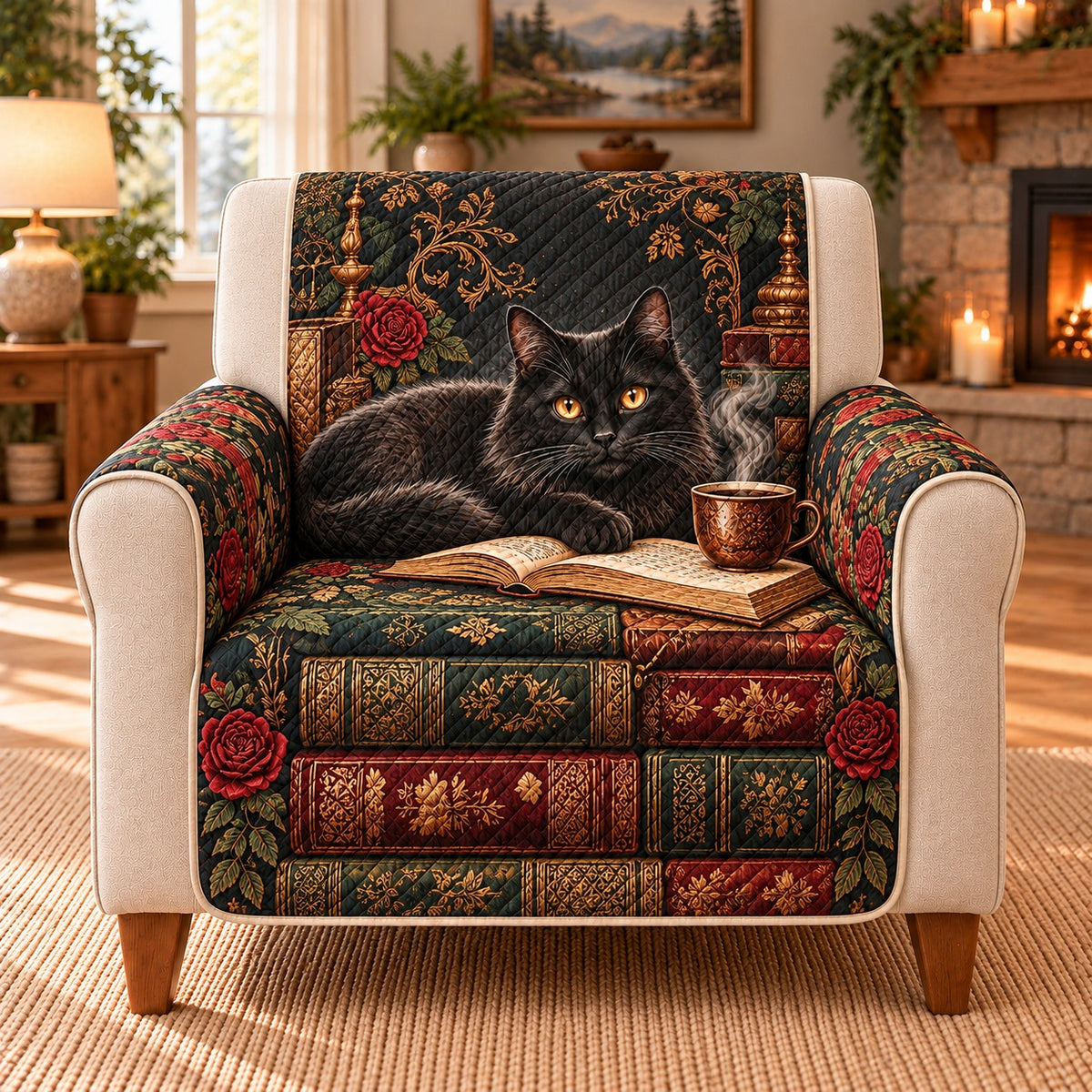 Black Cat Books and Coffee Sofa Cover, single-seat armchair view