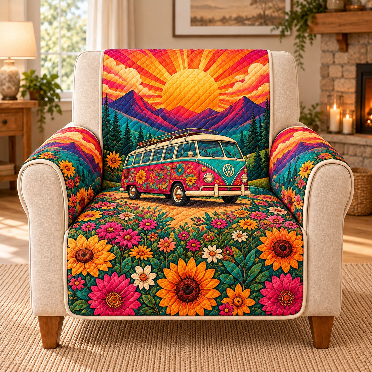 Floral Camper Van Sunset Sofa Cover, single-seat armchair view