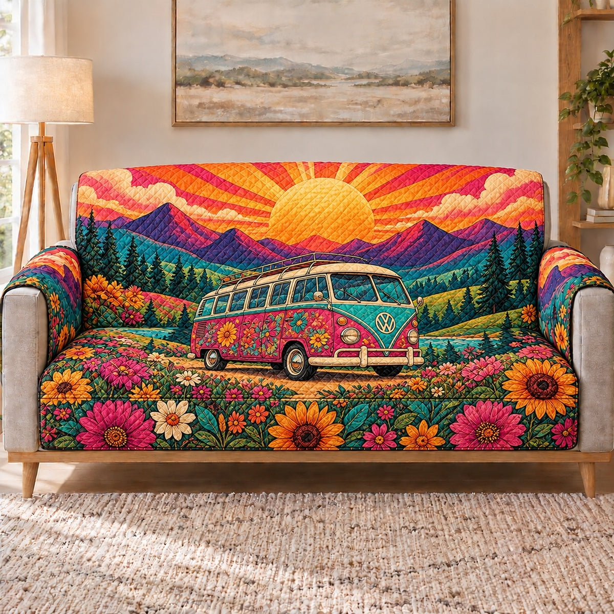 Floral Camper Van Sunset Sofa Cover, sofa view