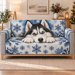 Blue Eyed Husky Snowflake Sofa Cover, Cozy Winter Dog Home Decor, Gift for Husky Lovers