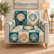 Teal and gold seashell quilted cover on a single-seat armchair, balanced two-panel backrest