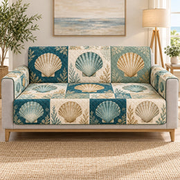 Teal Seashell Patchwork Sofa Cover, Coastal Home Decor, Gift for Beach Lovers
