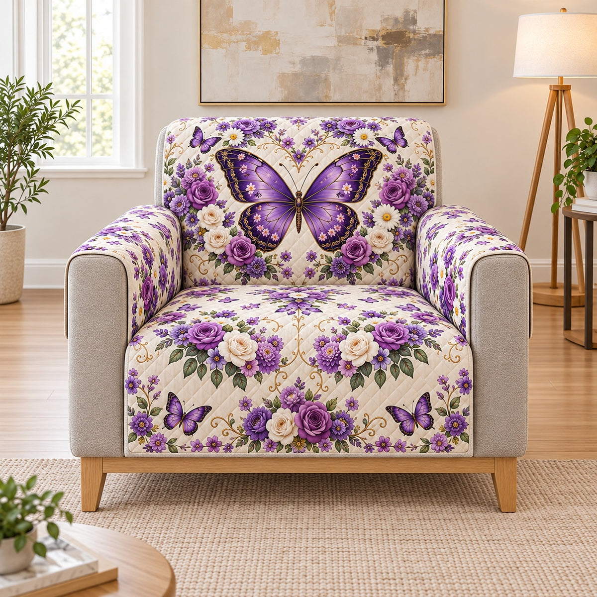 Purple butterfly and roses quilted cover on a single-seat armchair, centered butterfly backrest