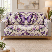 Purple butterfly and roses quilted sofa cover, long sofa view