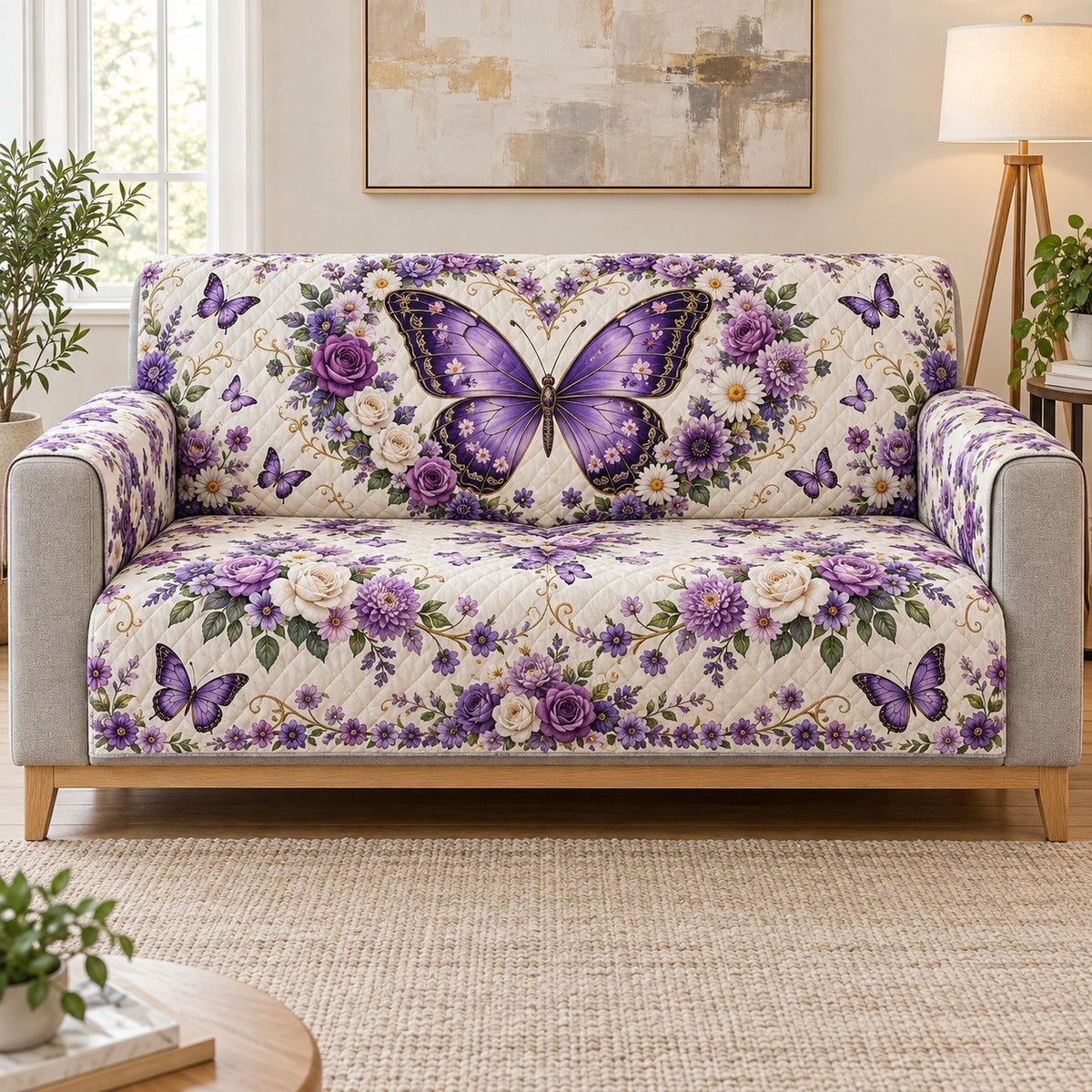 Purple butterfly and roses quilted sofa cover, long sofa view