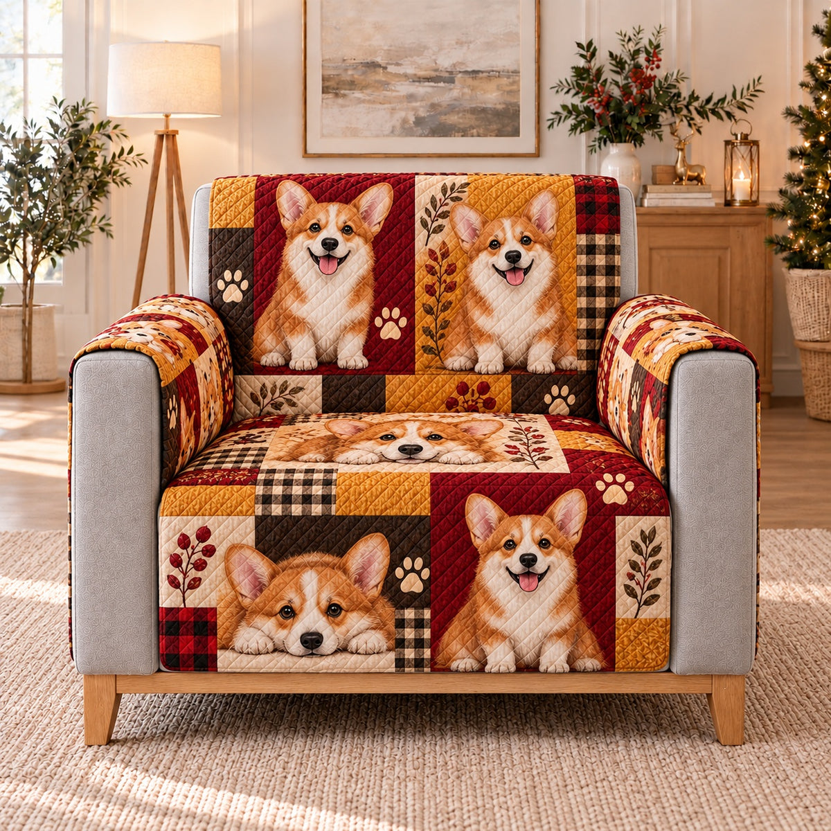 Corgi Patchwork Sofa Cover, single-seat armchair view