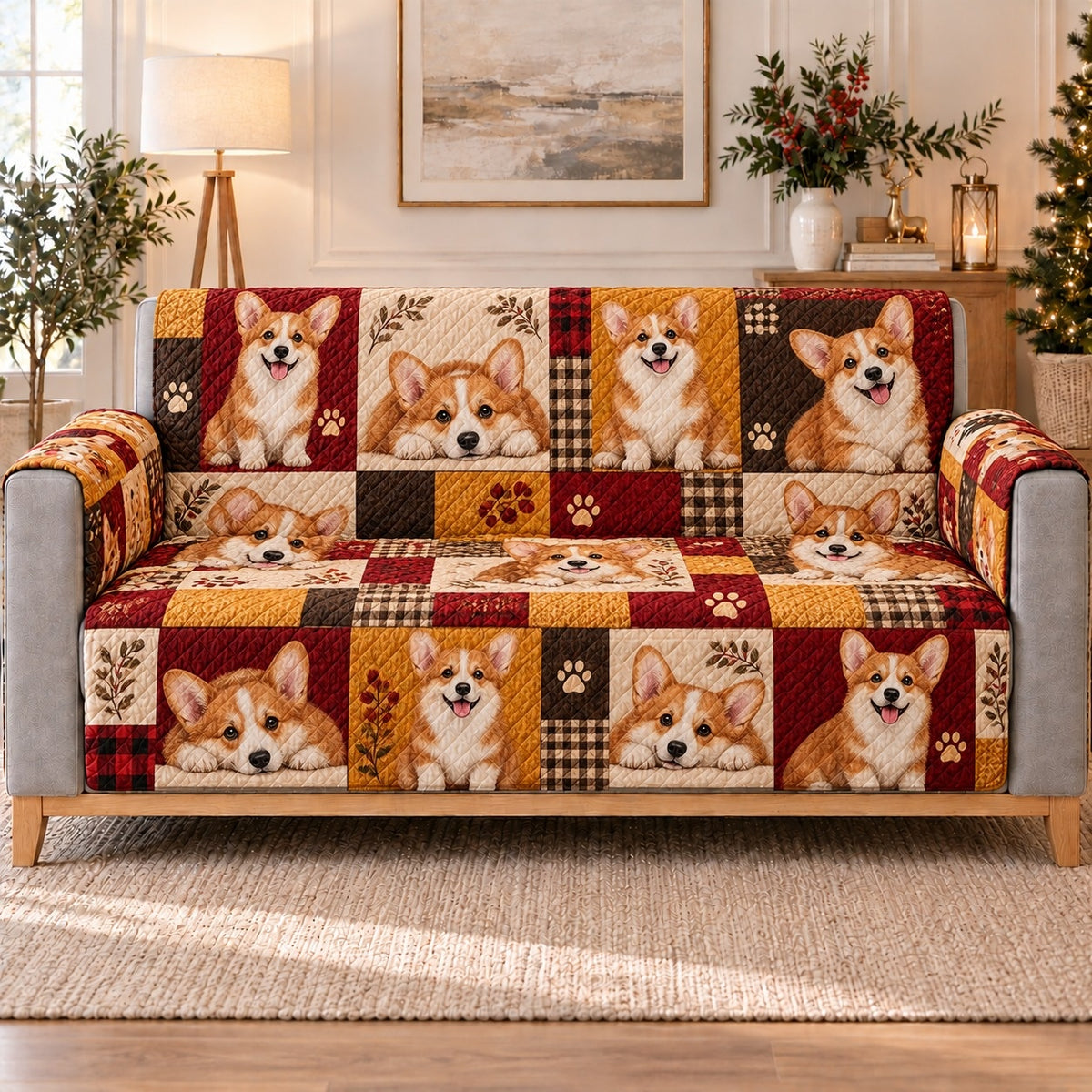 Corgi Patchwork Sofa Cover, long sofa view