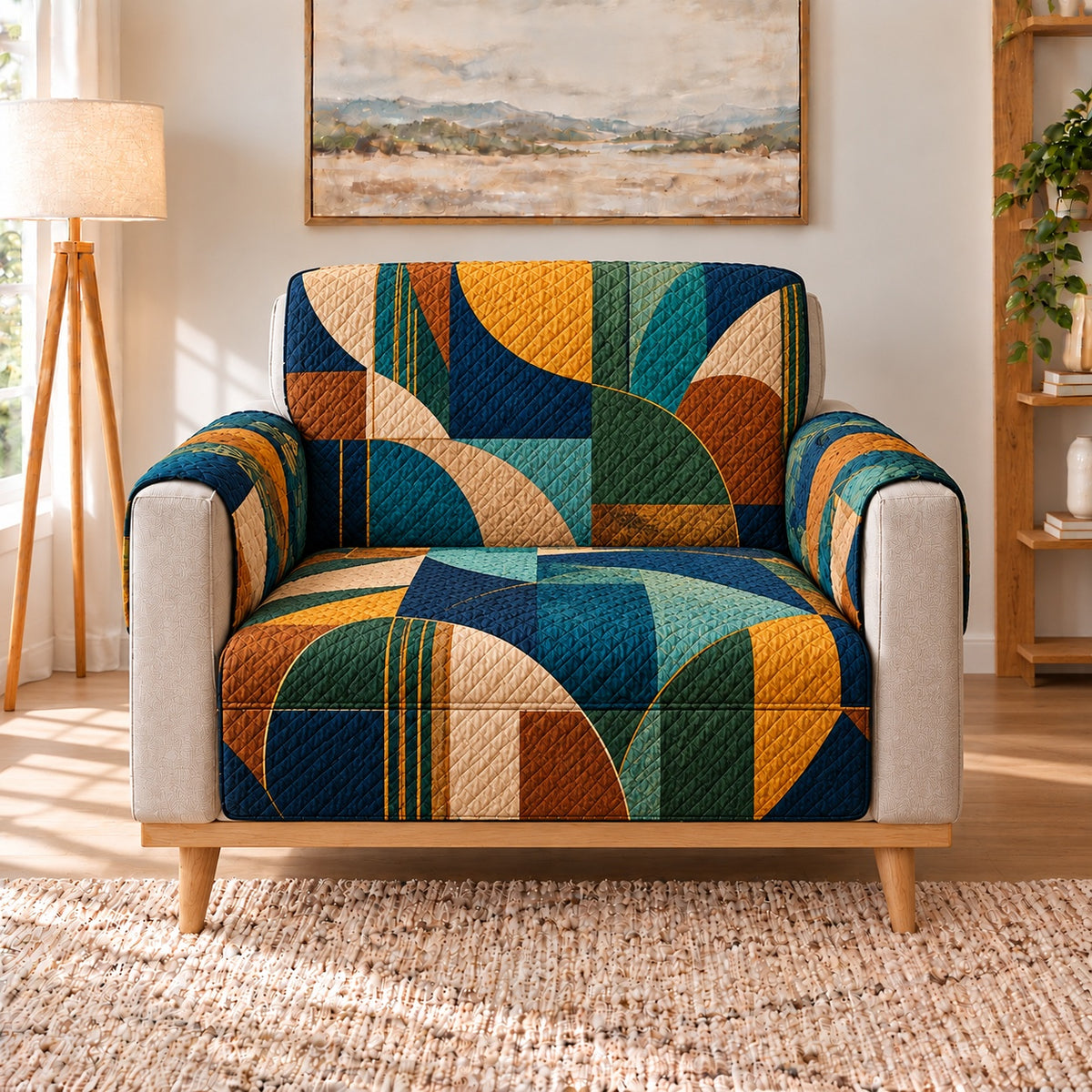 Teal Geometric Patchwork Sofa Cover, single-seat armchair view