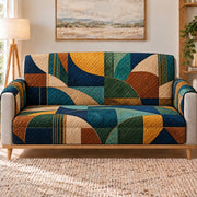 Teal Geometric Patchwork Sofa Cover, long sofa view