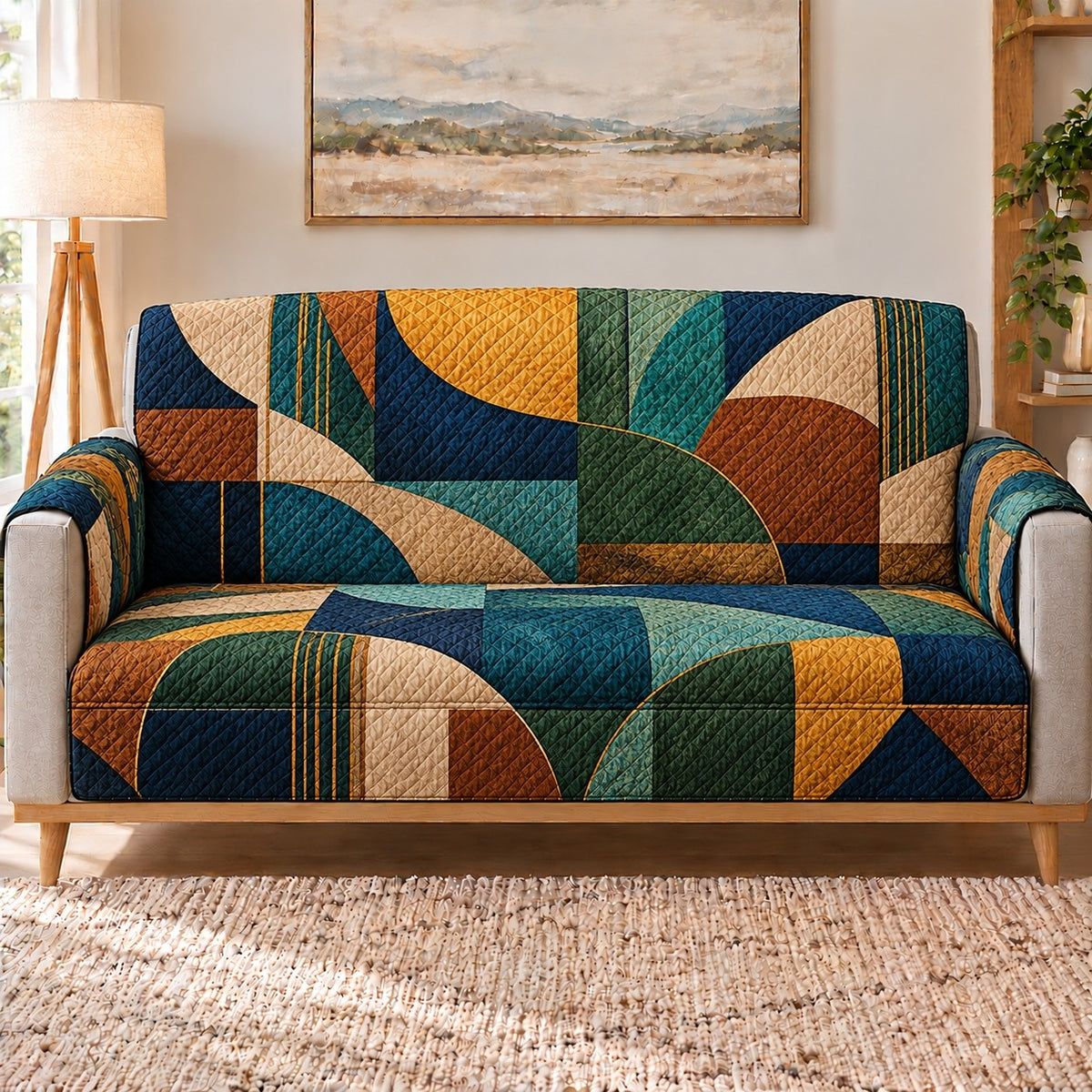 Teal Geometric Patchwork Sofa Cover, long sofa view