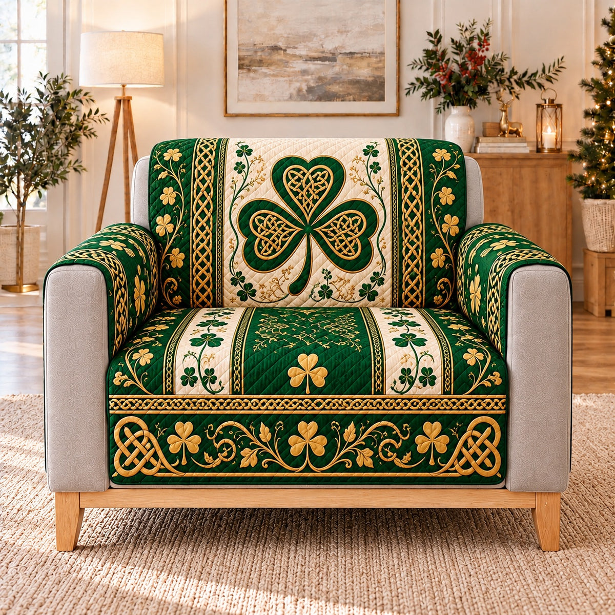 Emerald Celtic Shamrock Sofa Cover, single-seat armchair view
