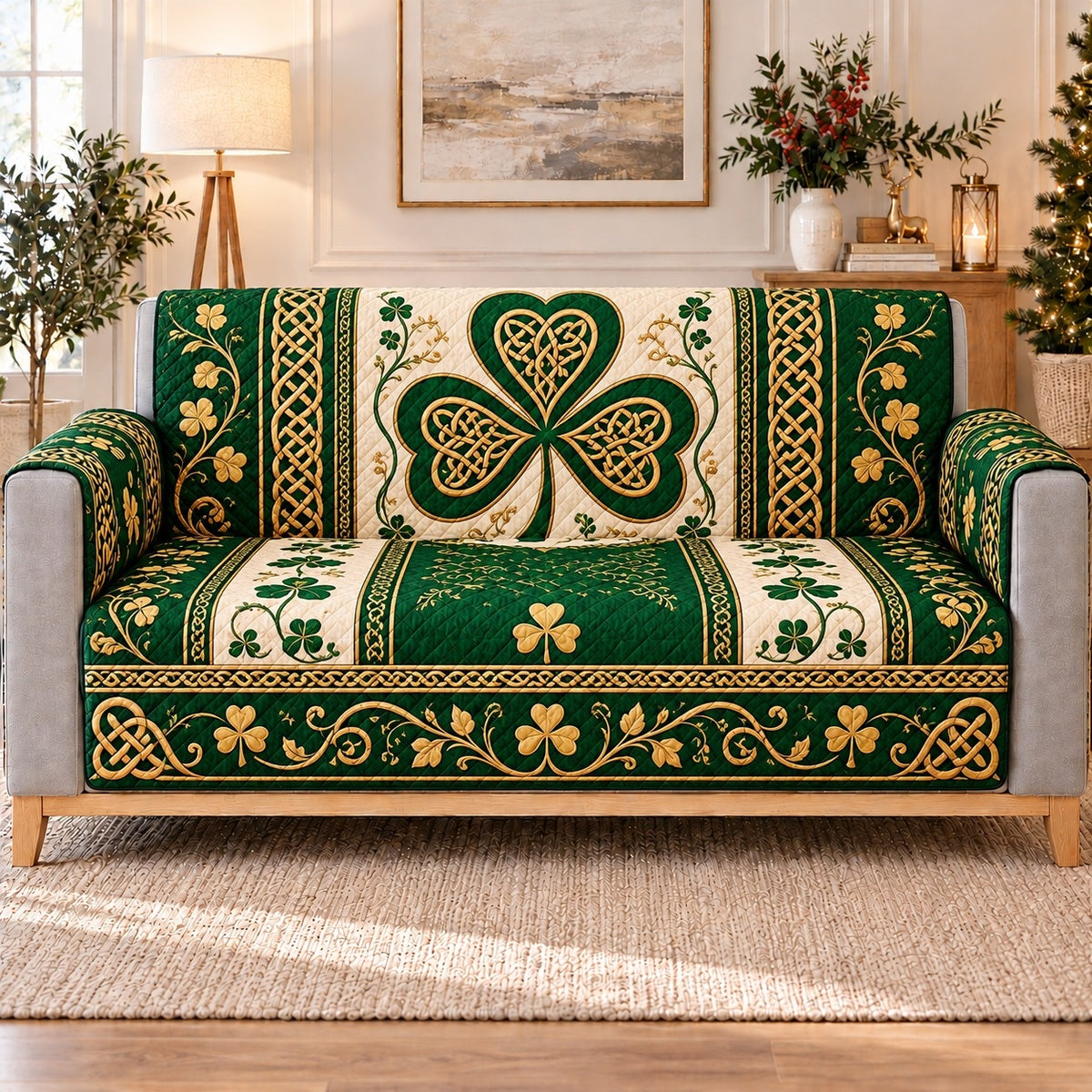 Emerald Celtic Shamrock Sofa Cover, long sofa view