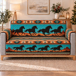 Running Horses Southwest Sofa Cover, Turquoise Western Decor, Gift for Horse Lovers