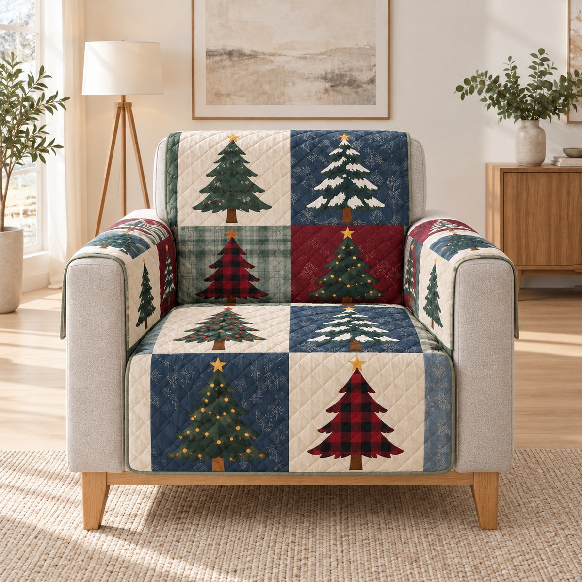 Rustic Christmas Tree Patchwork Sofa Cover, single-seat armchair view