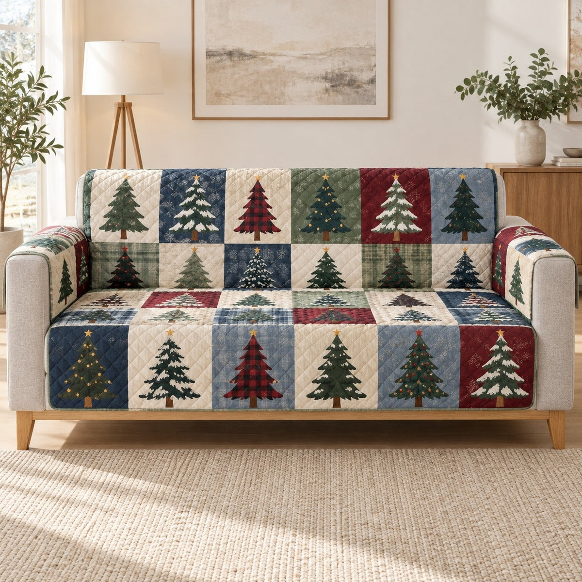 Rustic Christmas Tree Patchwork Sofa Cover, long sofa view