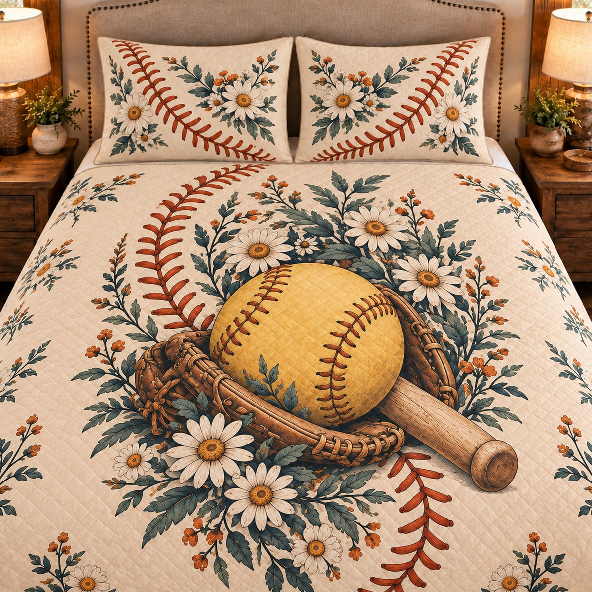 Frontal close-up AI mockup of the Softball Seam Garden quilt set showing the softball and daisy print, diamond quilting and two matching pillow shams.