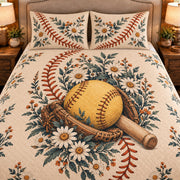 Frontal close-up AI mockup of the Softball Seam Garden quilt set showing the softball and daisy print, diamond quilting and two matching pillow shams.