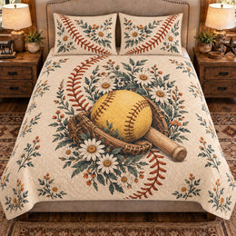 Softball Seam Garden Quilt Set, Floral Sports Bedding, Gift for Softball Lovers