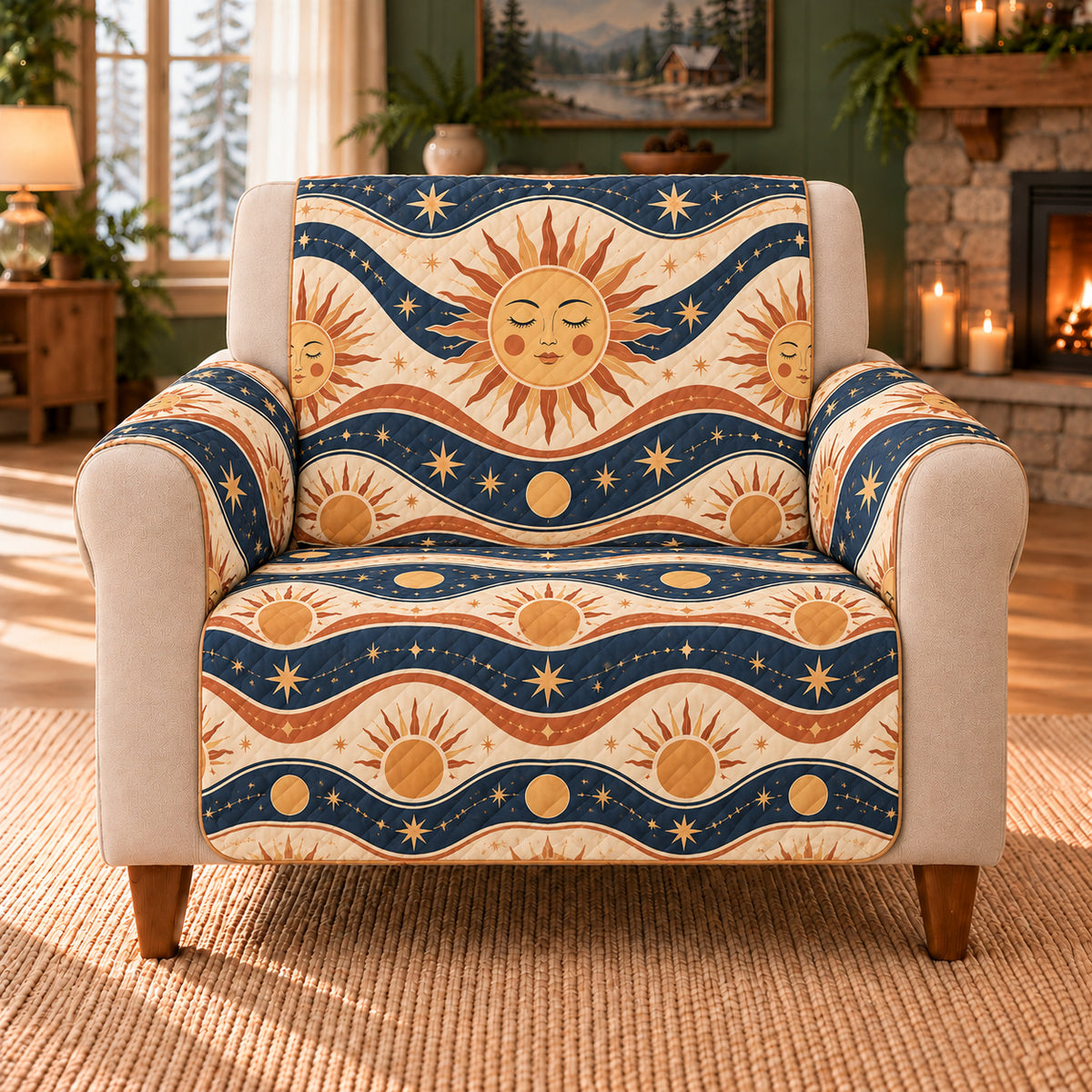 Solar Ripple Bands sofa cover on a beige armchair