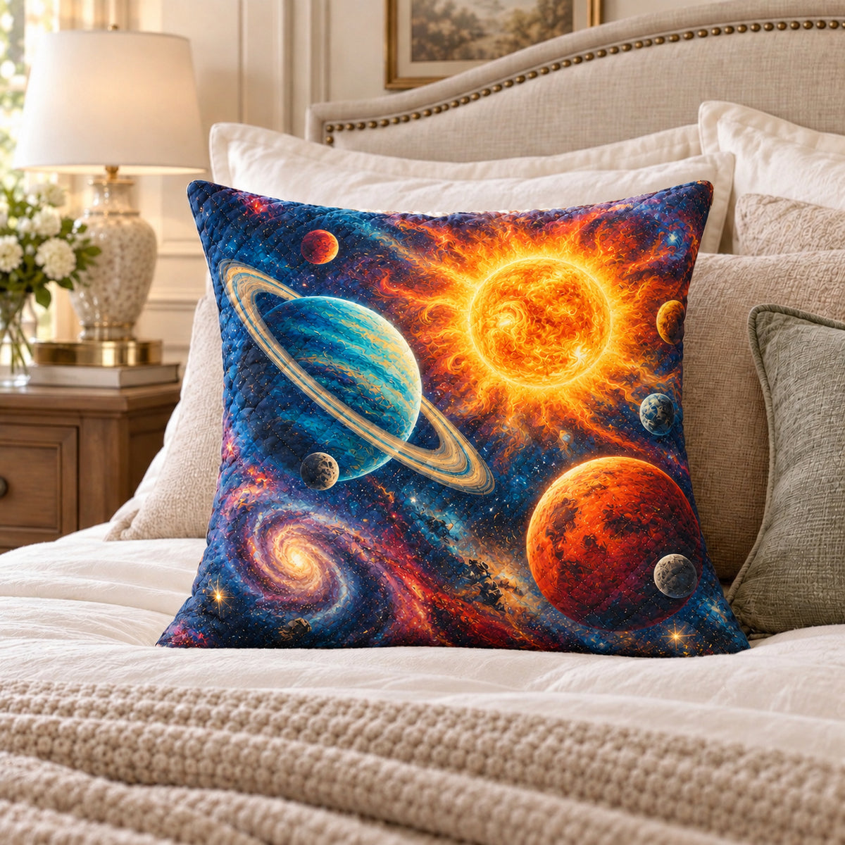 Solar system quilted throw pillow on a cream bed, AI-generated styled mockup