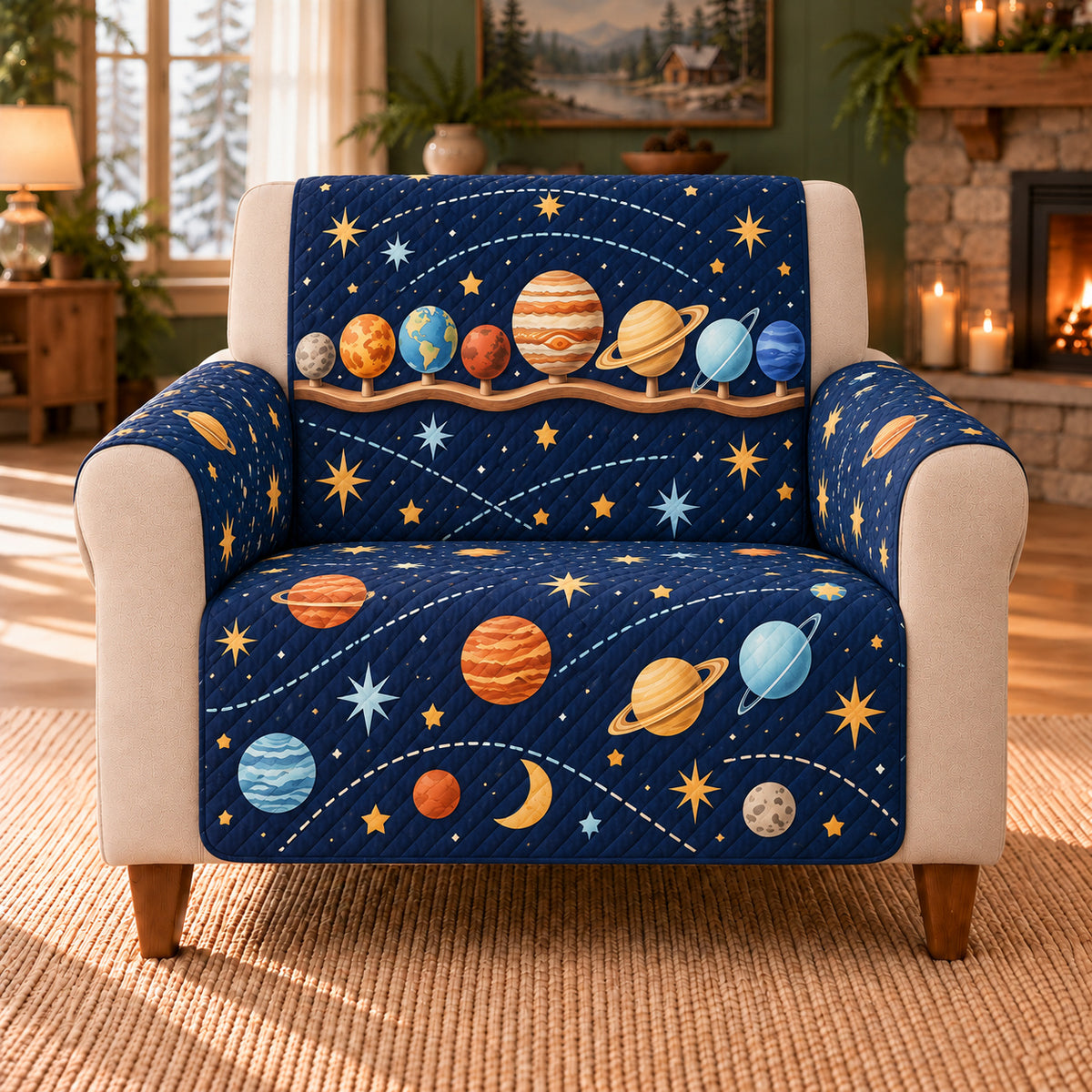 Solar System Shelf sofa cover on a beige armchair