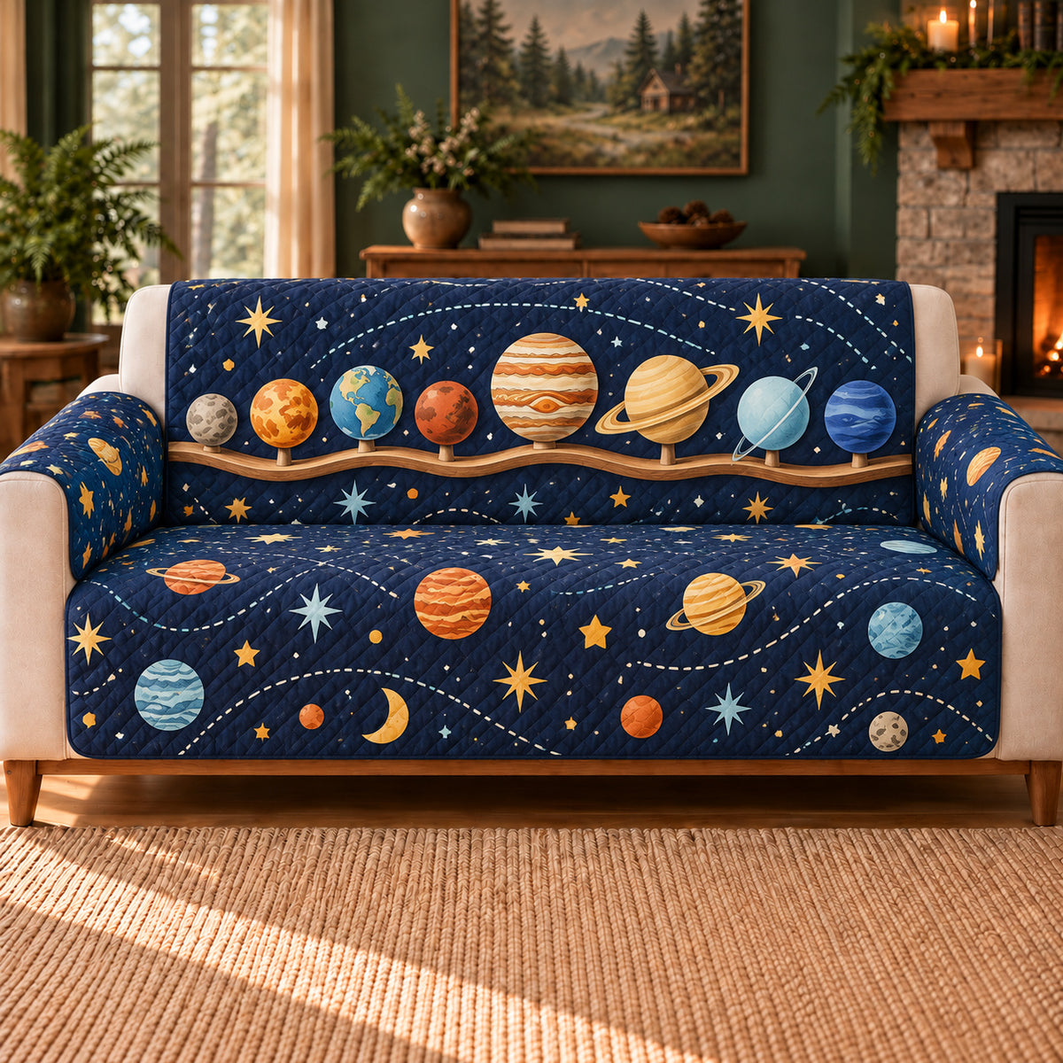 Solar System Shelf sofa cover on a beige sofa
