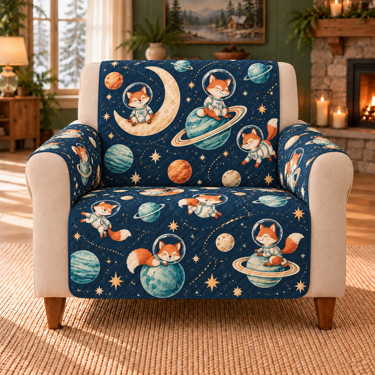 Space Fox Orbit Repeat sofa cover on a beige armchair