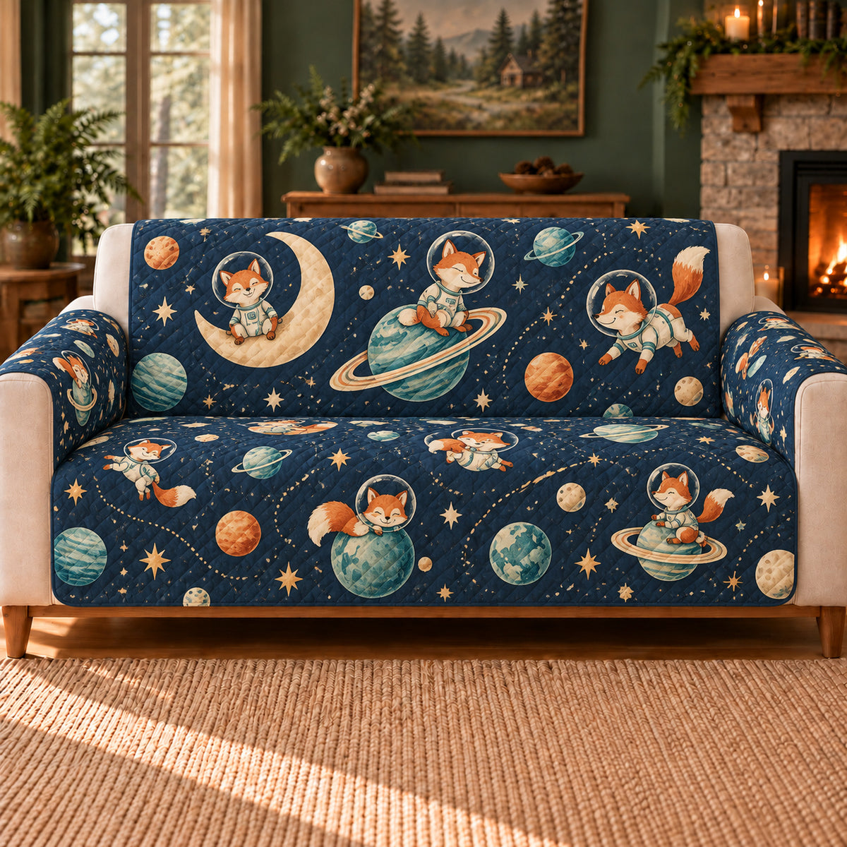 Space Fox Orbit Repeat sofa cover on a beige sofa