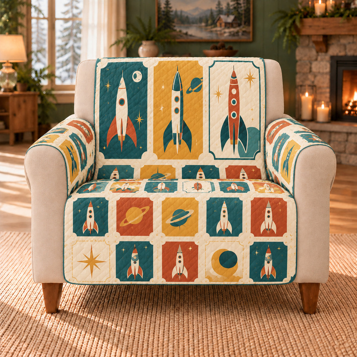 Spaceport Ticket Tiles sofa cover on a beige armchair