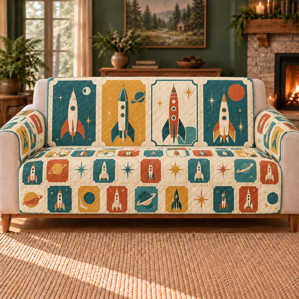 Spaceport Ticket Tiles sofa cover on a beige sofa