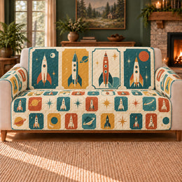 Spaceport Ticket Tiles Sofa Cover, Retro Space Decor, Gift for Rocket Fans